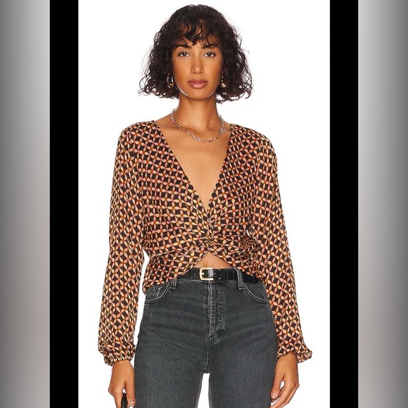 MINKPINK Valentina Twist Blouse Balloon Sleeve Gold Black Geo Print X-Small Top - Picture 4 of 12